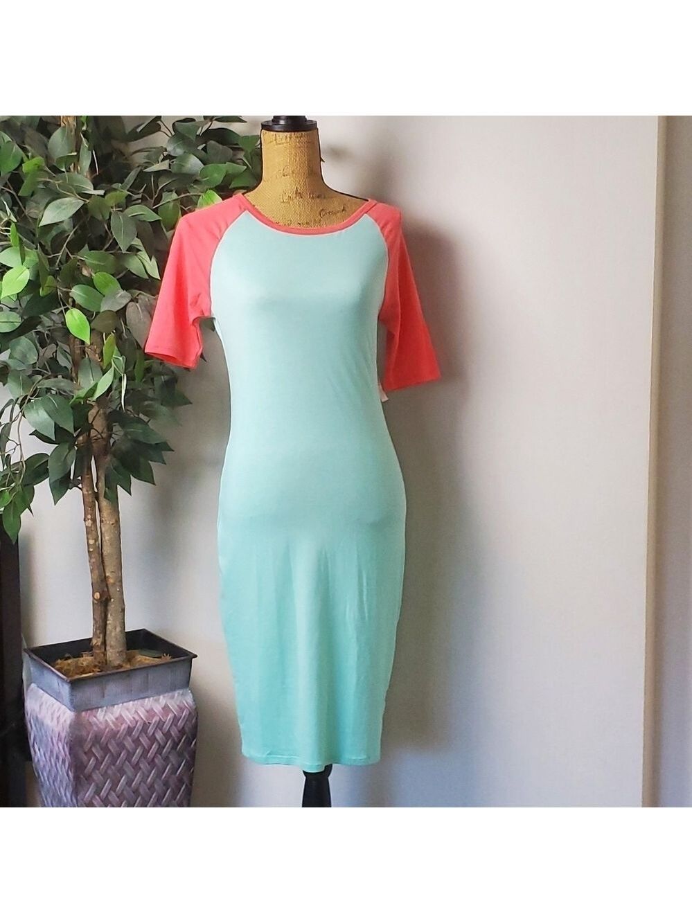 LuLaRoe Julia Dress Colorblock Teal Coral Raglan XS